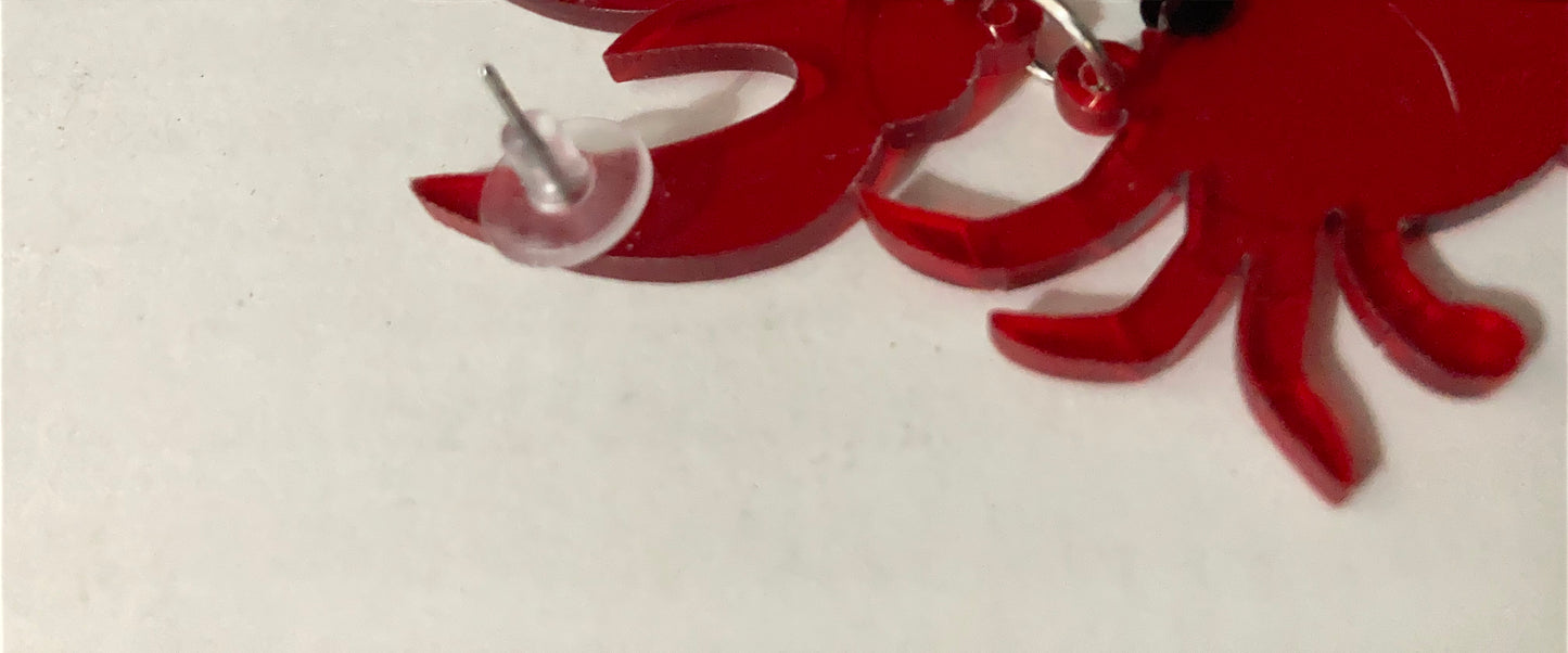 Large red acrylic crab earrings