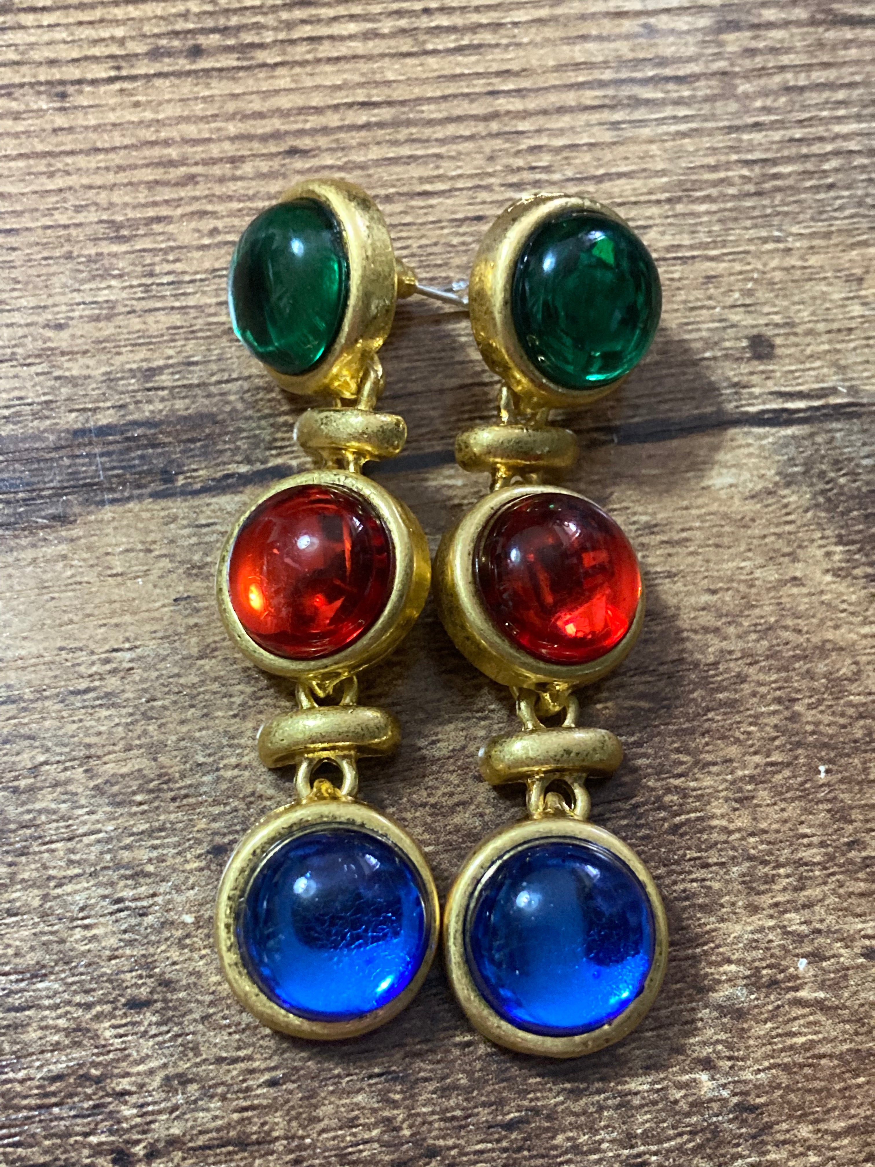 Gold gripoix style emerald ruby sapphire drop earrings