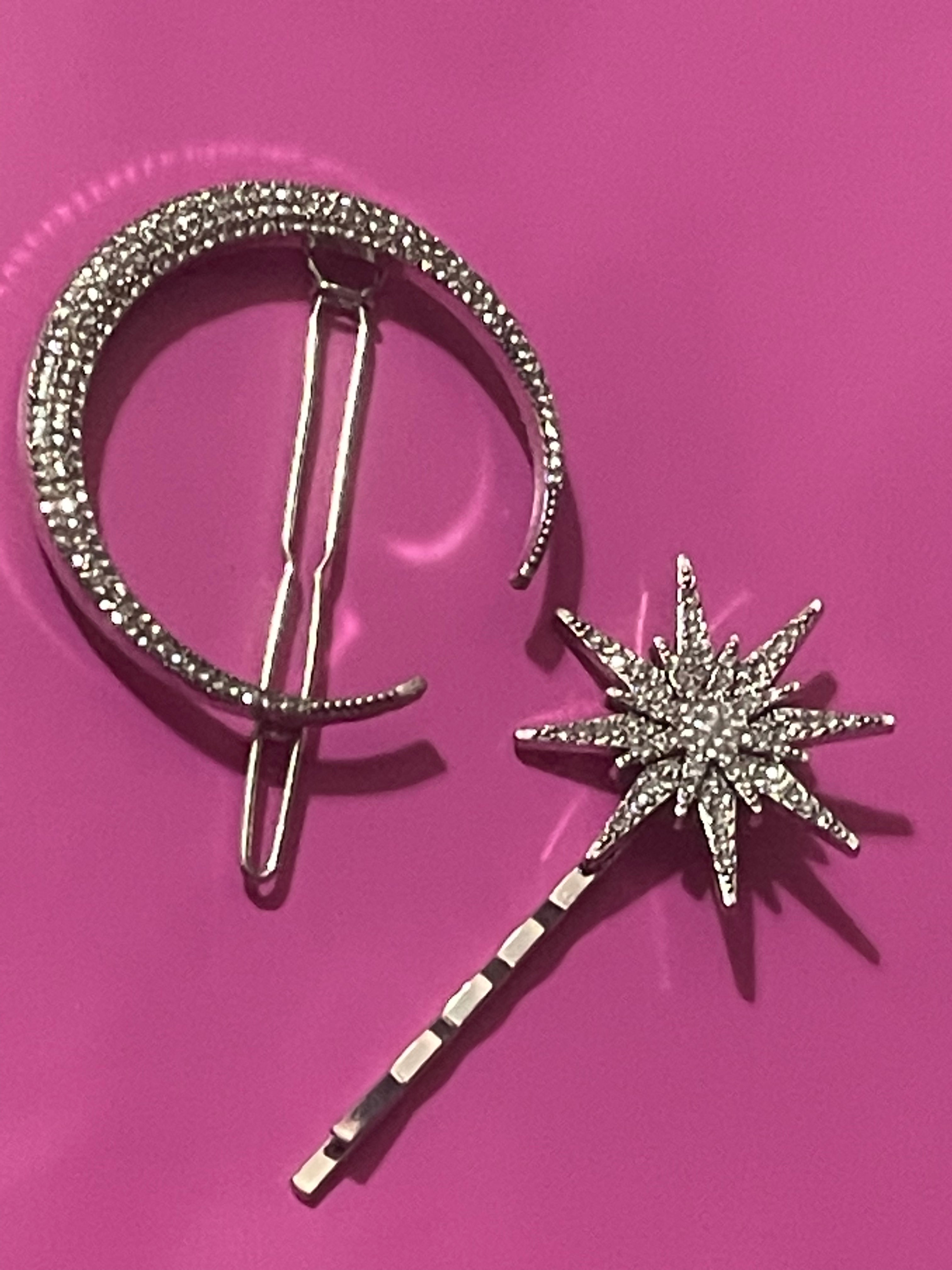 Star and moon silver diamanté celestial hair clips