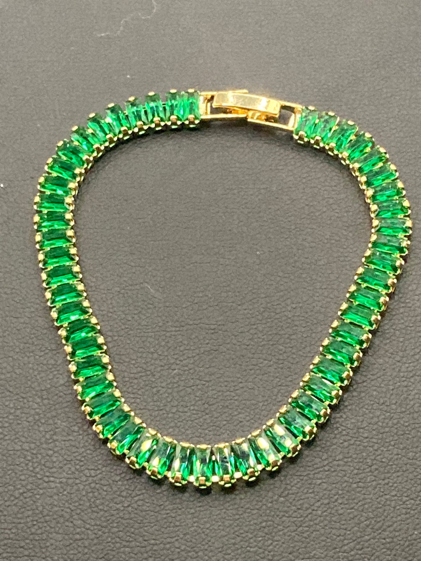 High End Emerald Green CZ tennis bracelet baguette Crystal diamanté gold plated