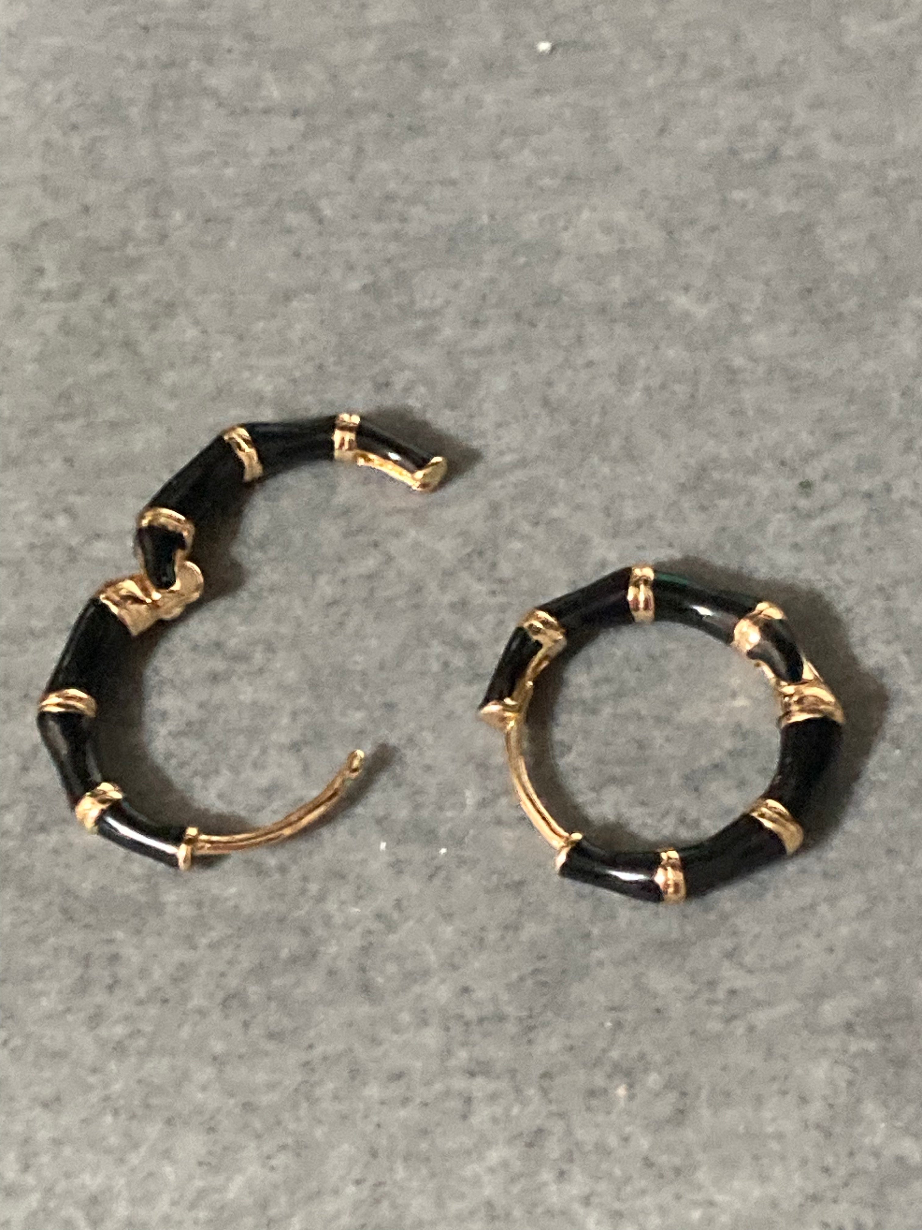 Small enamel black and gold bamboo design hoop earrings Huggies