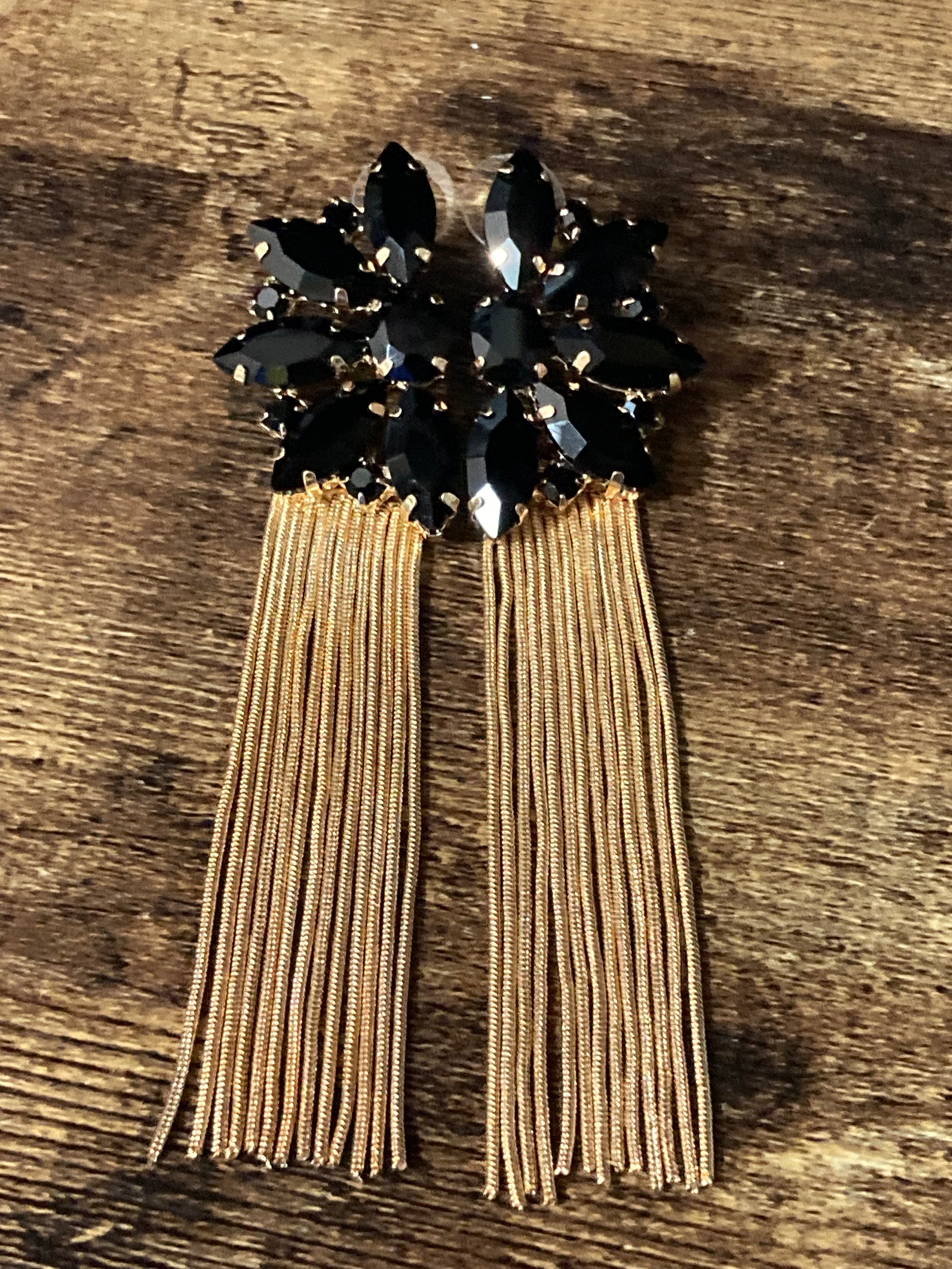 Black diamanté long gold tassel earrings