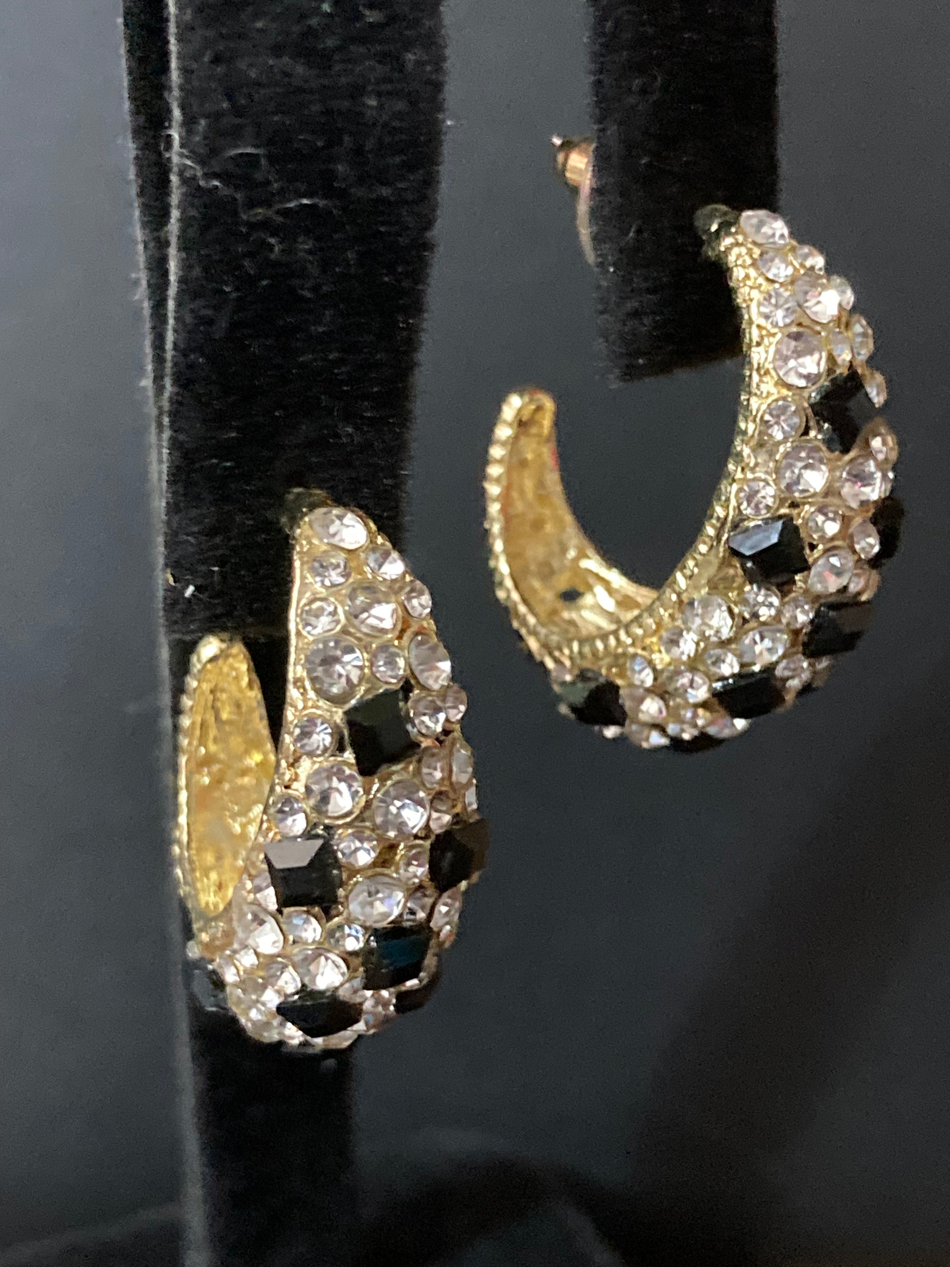 Black & clear diamanté Crystal gold half hoop earrings