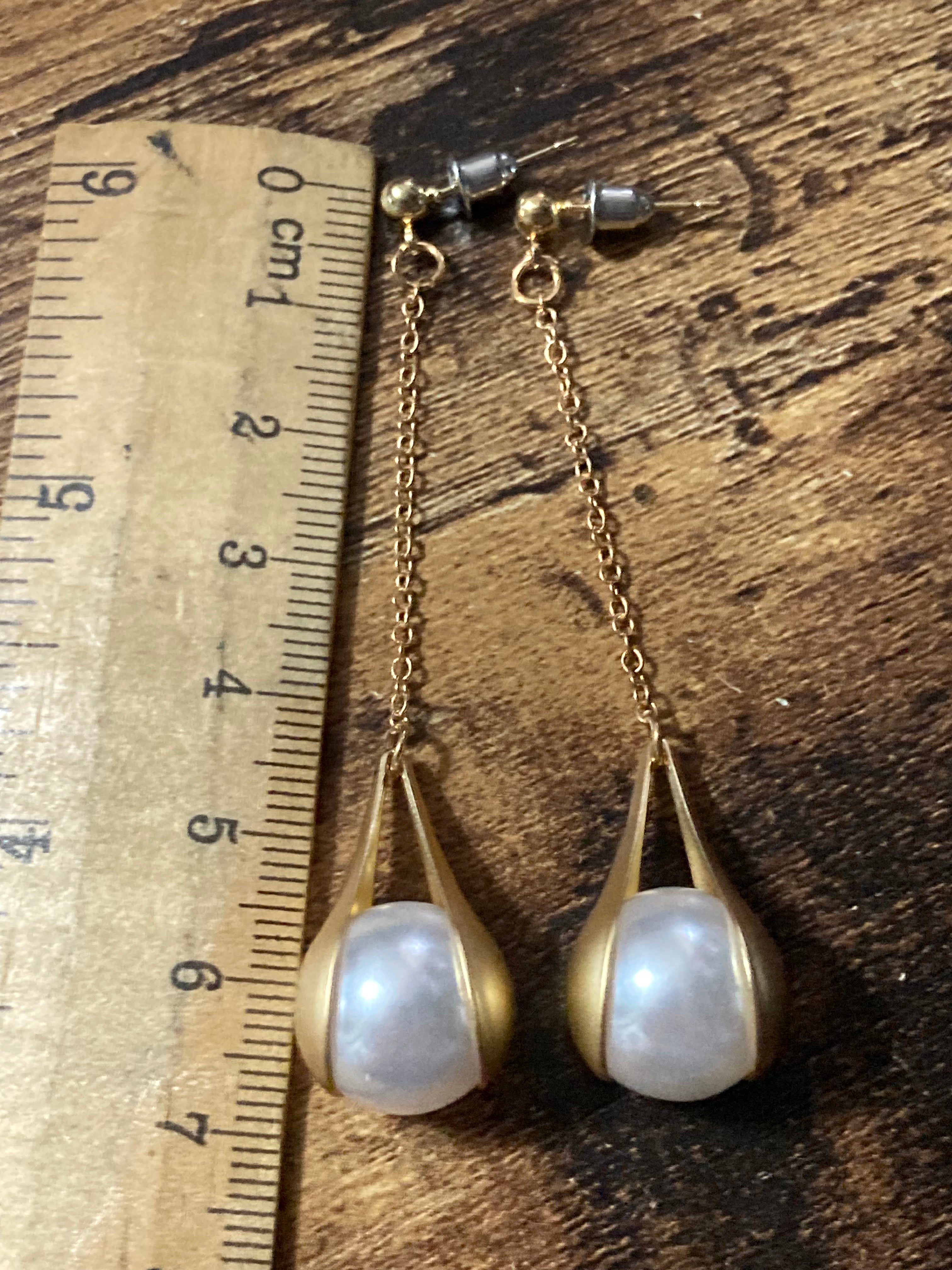 Long gold chain link pearl earrings