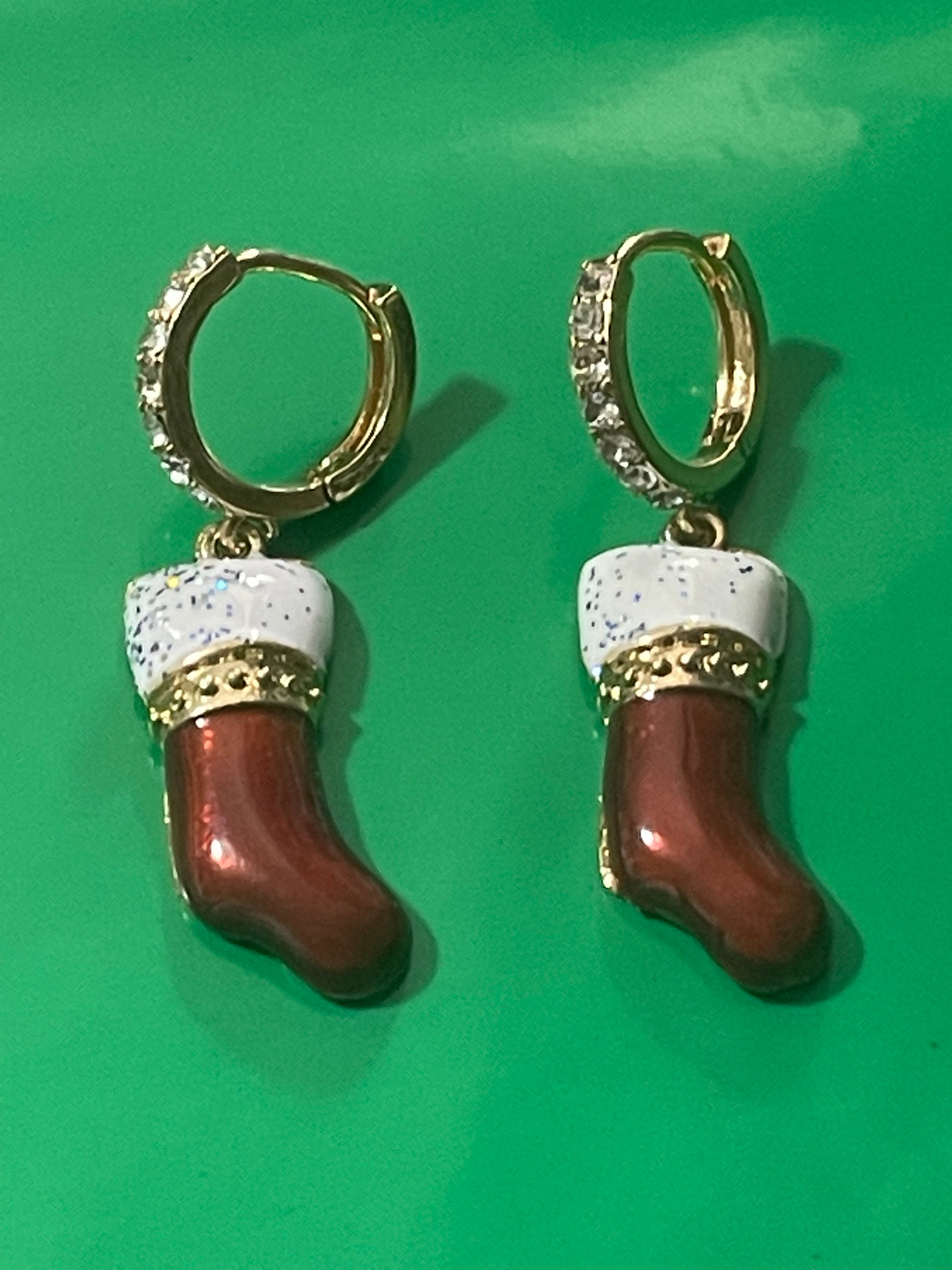 Novelty Christmas stocking red enamel diamanté earrings