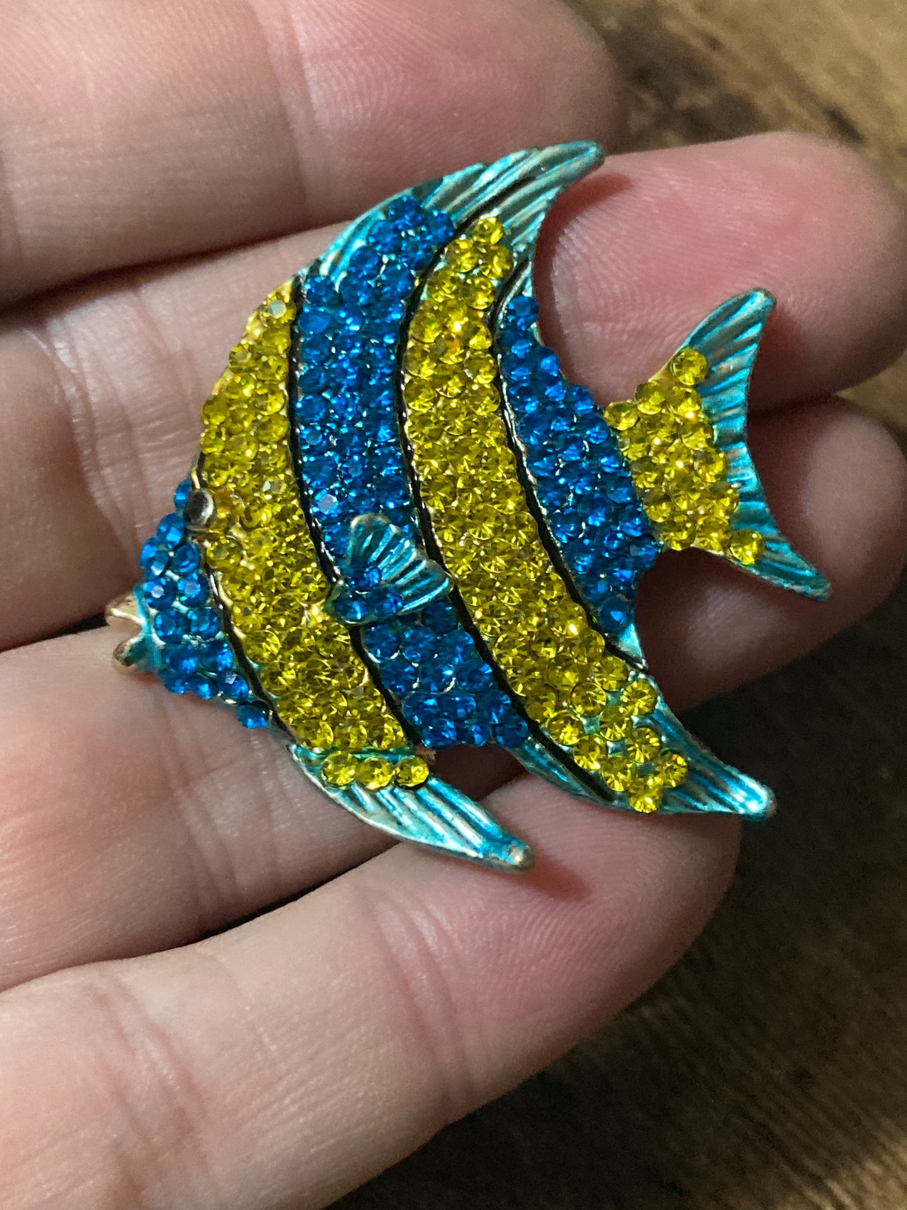 Diamanté fish brooch blue and yellow