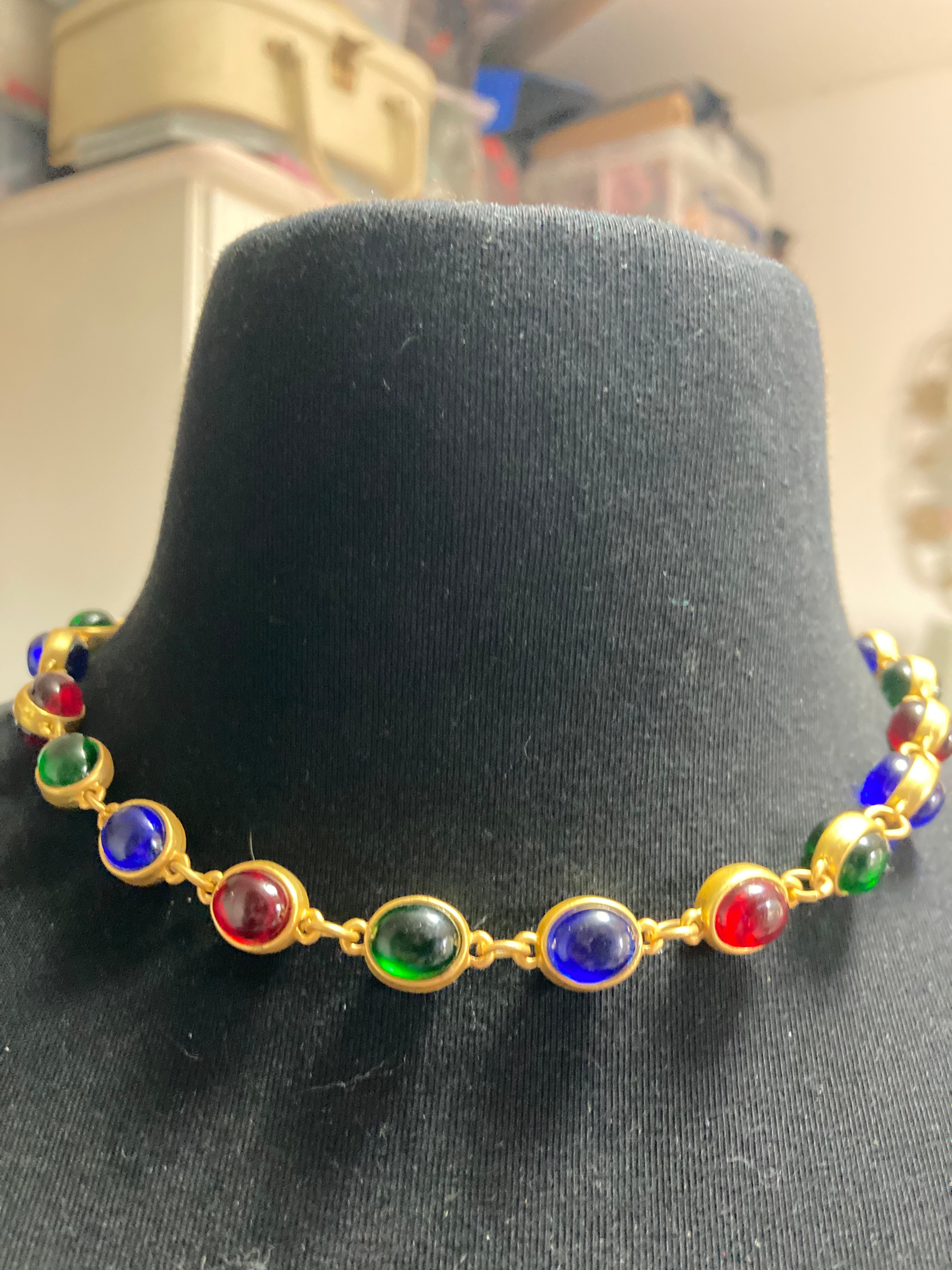 Etruscan choker Gripoix style red green blue cabochon necklace