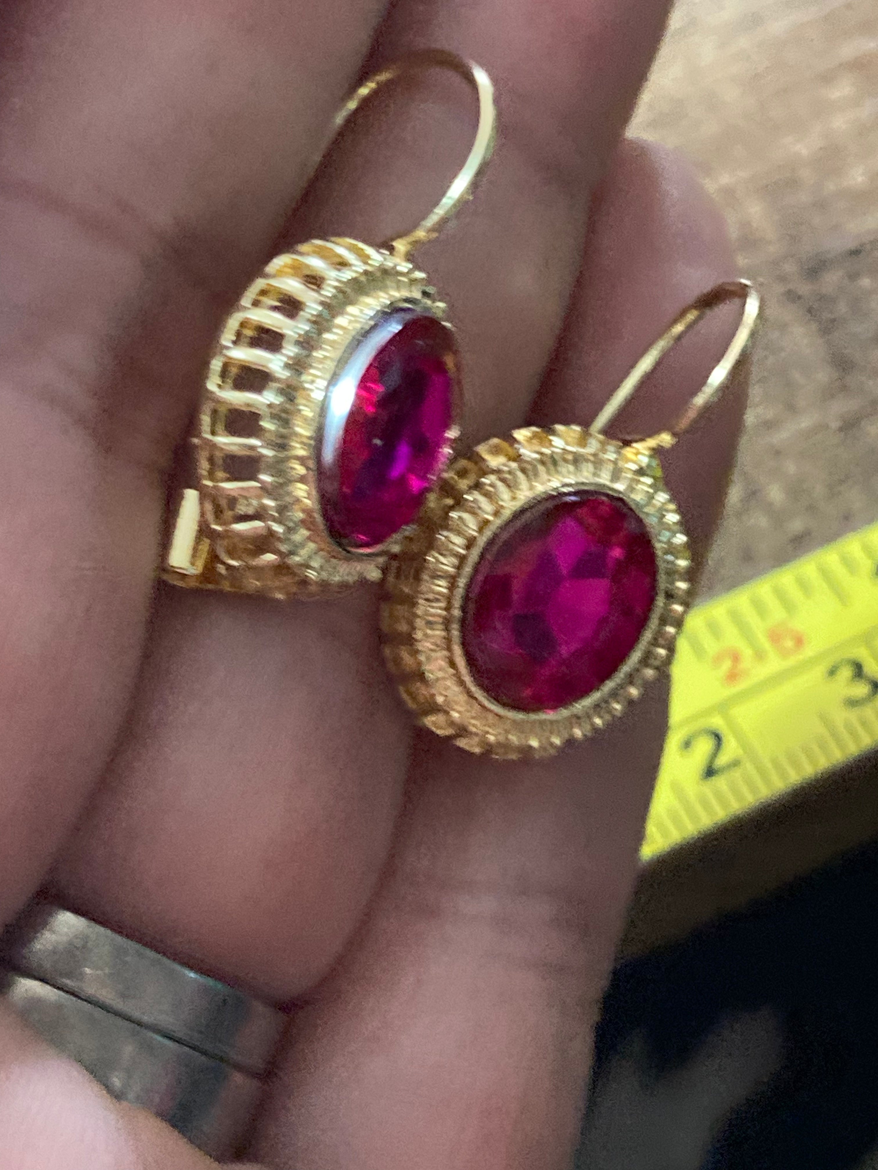 Gold tone hot pink glass diamanté drop earrings Victorian style