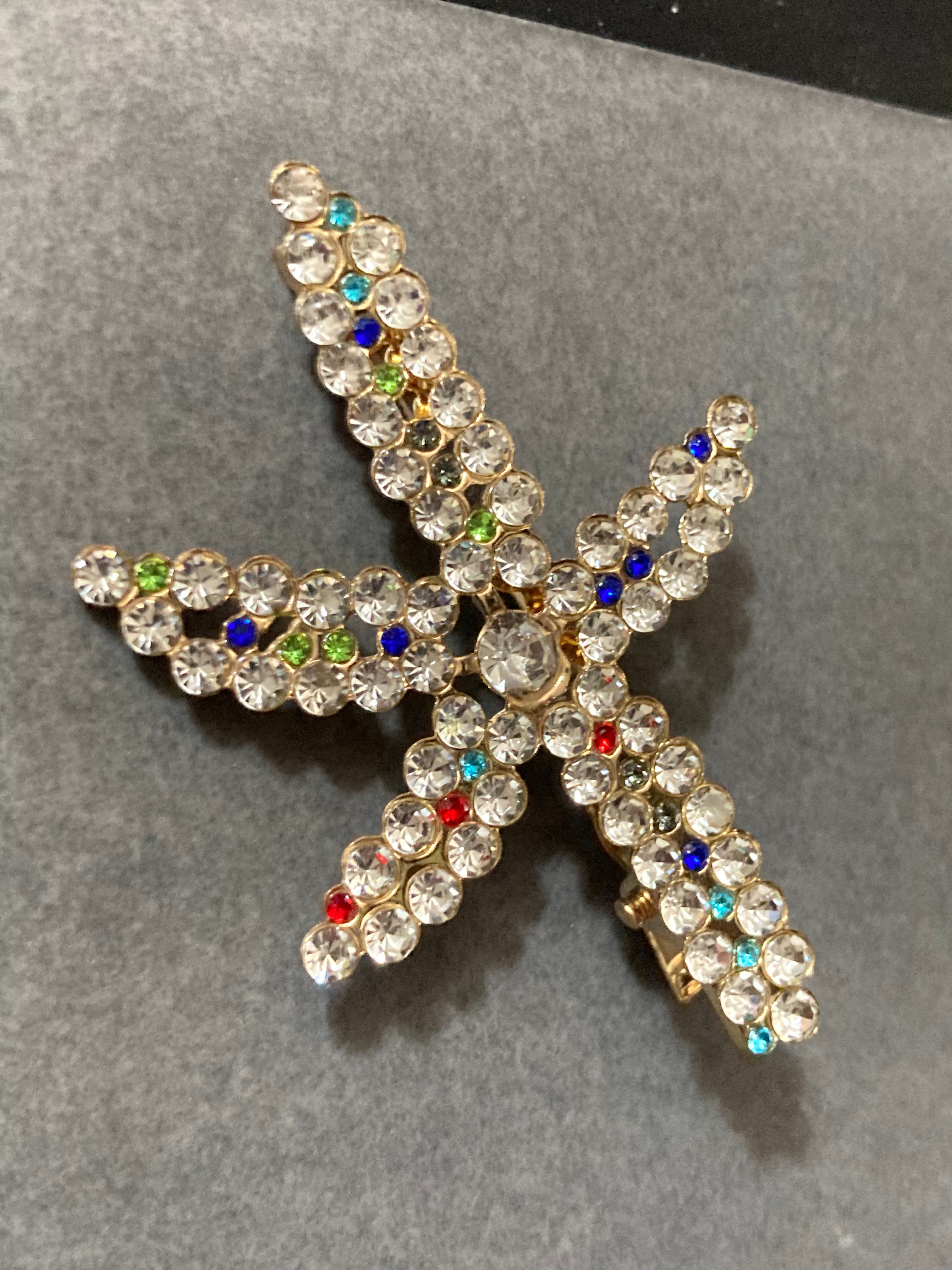 Nautical starfish clear and rainbow diamanté gold tone hair clip