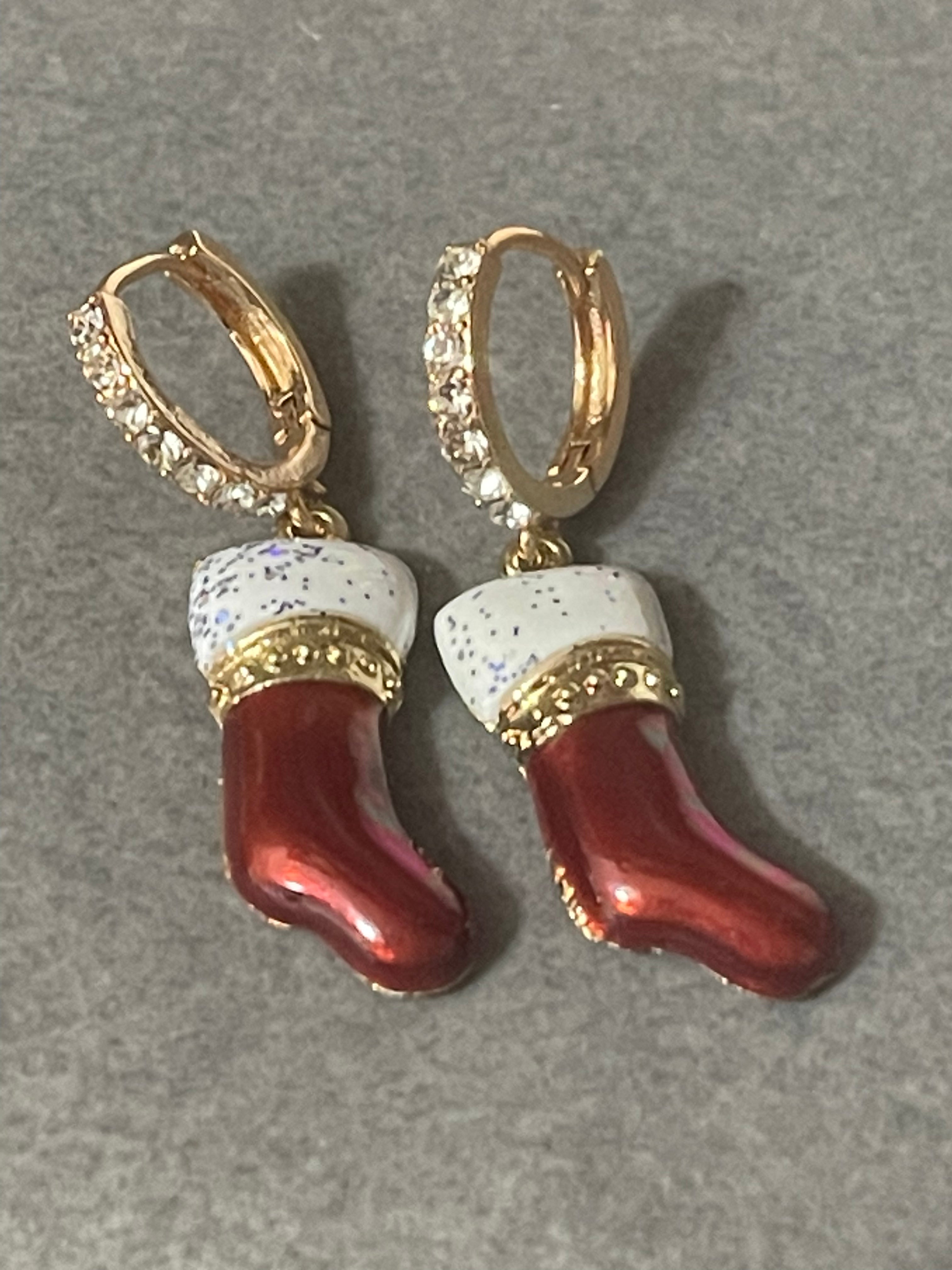 Novelty Christmas stocking red enamel diamanté earrings