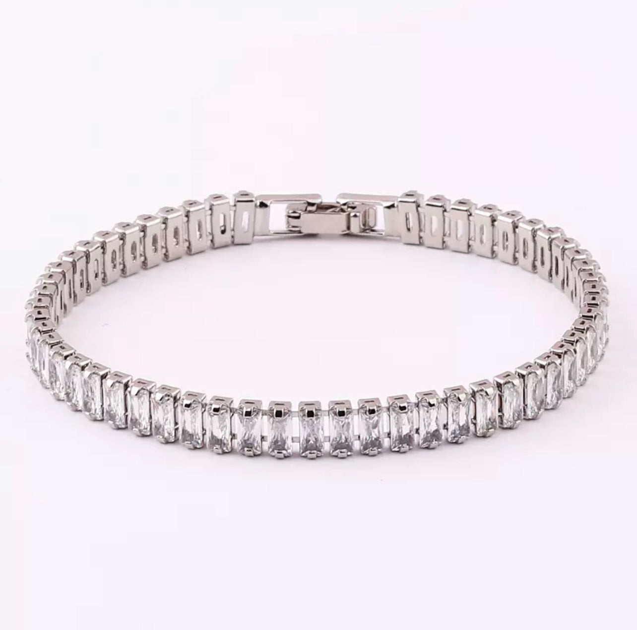 High End clear CZ tennis bracelet baguette Crystal diamanté White gold plated