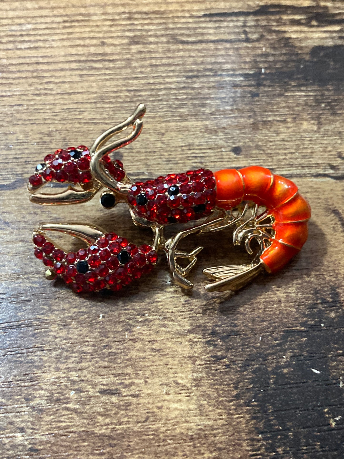 Lobster brooch Orange enamel and diamanté