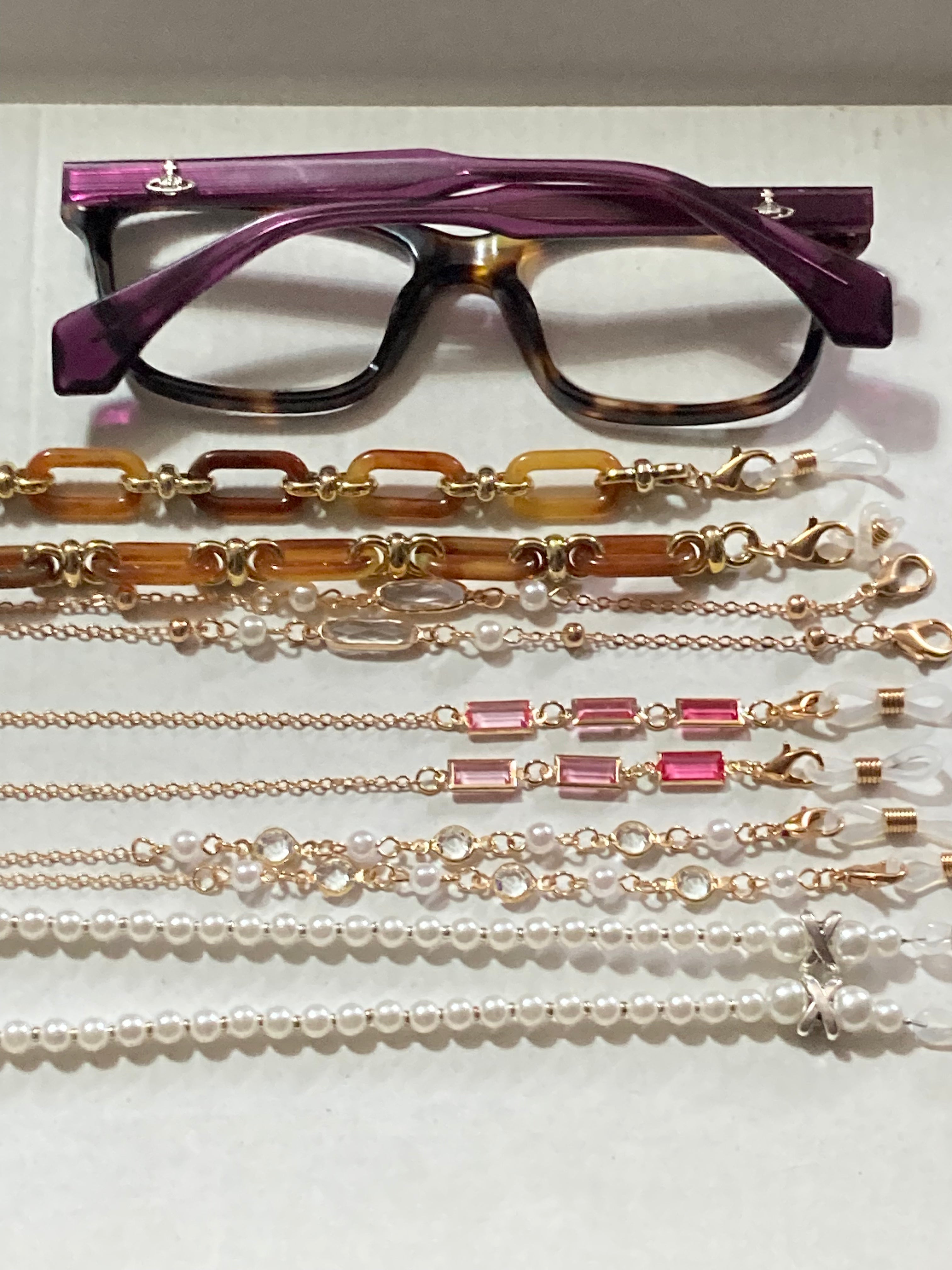 Sunglasses glasses gold chain with pink glass diamanté