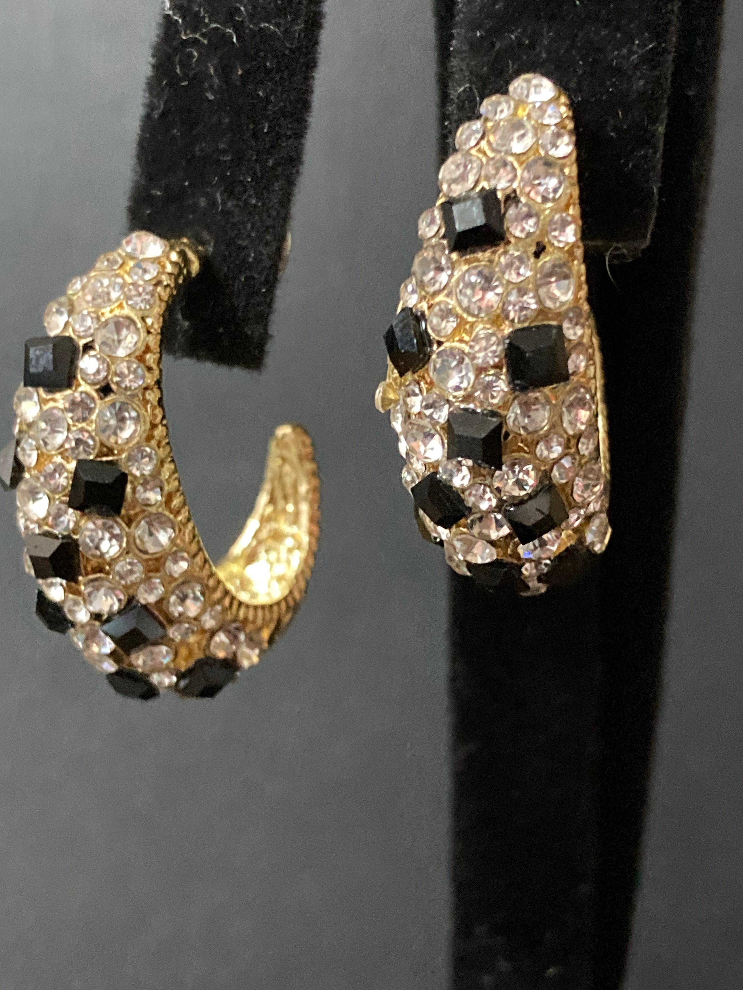 Black & clear diamanté Crystal gold half hoop earrings