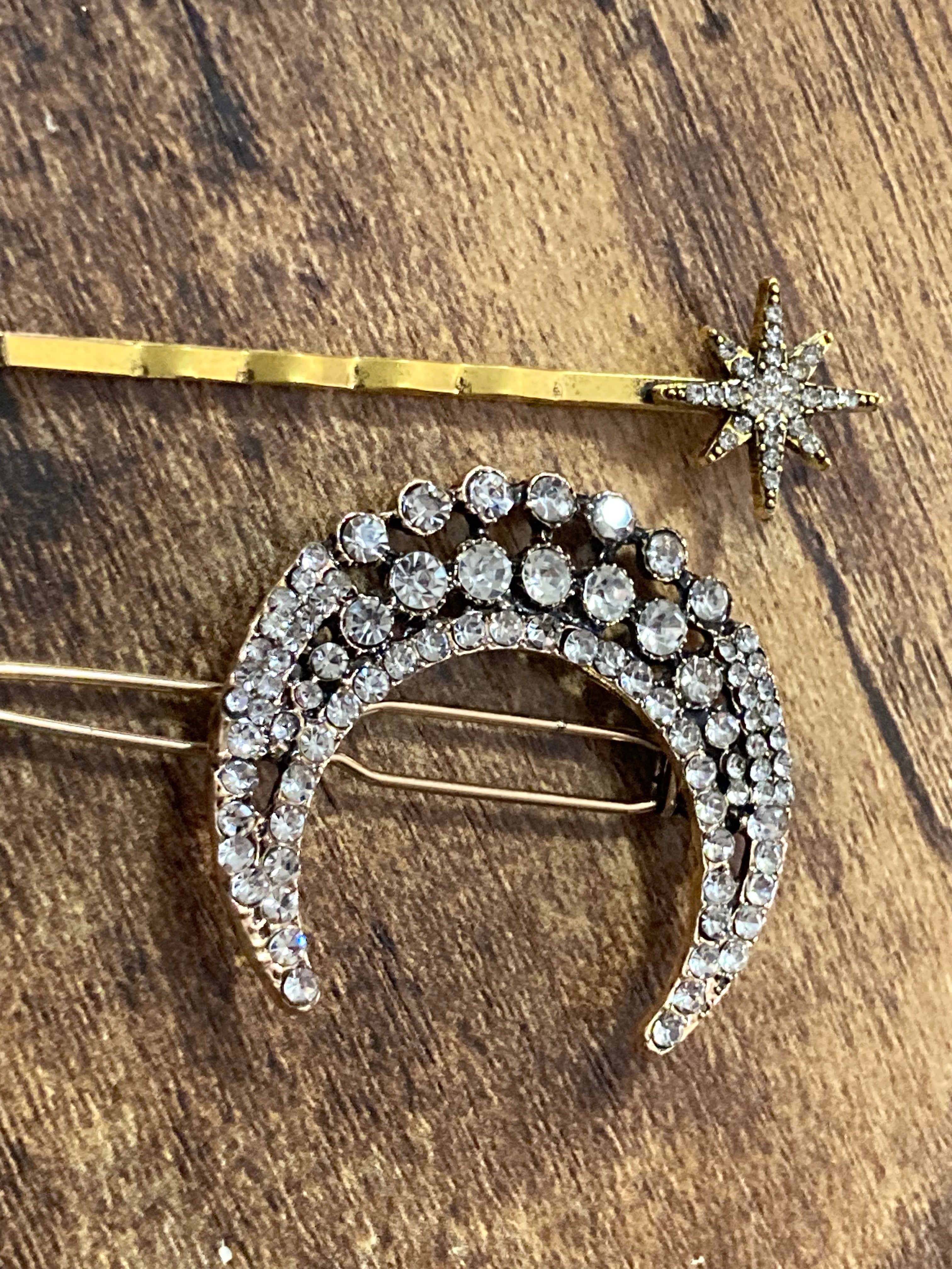 Diamanté Crescent moon and star pair of hair slides