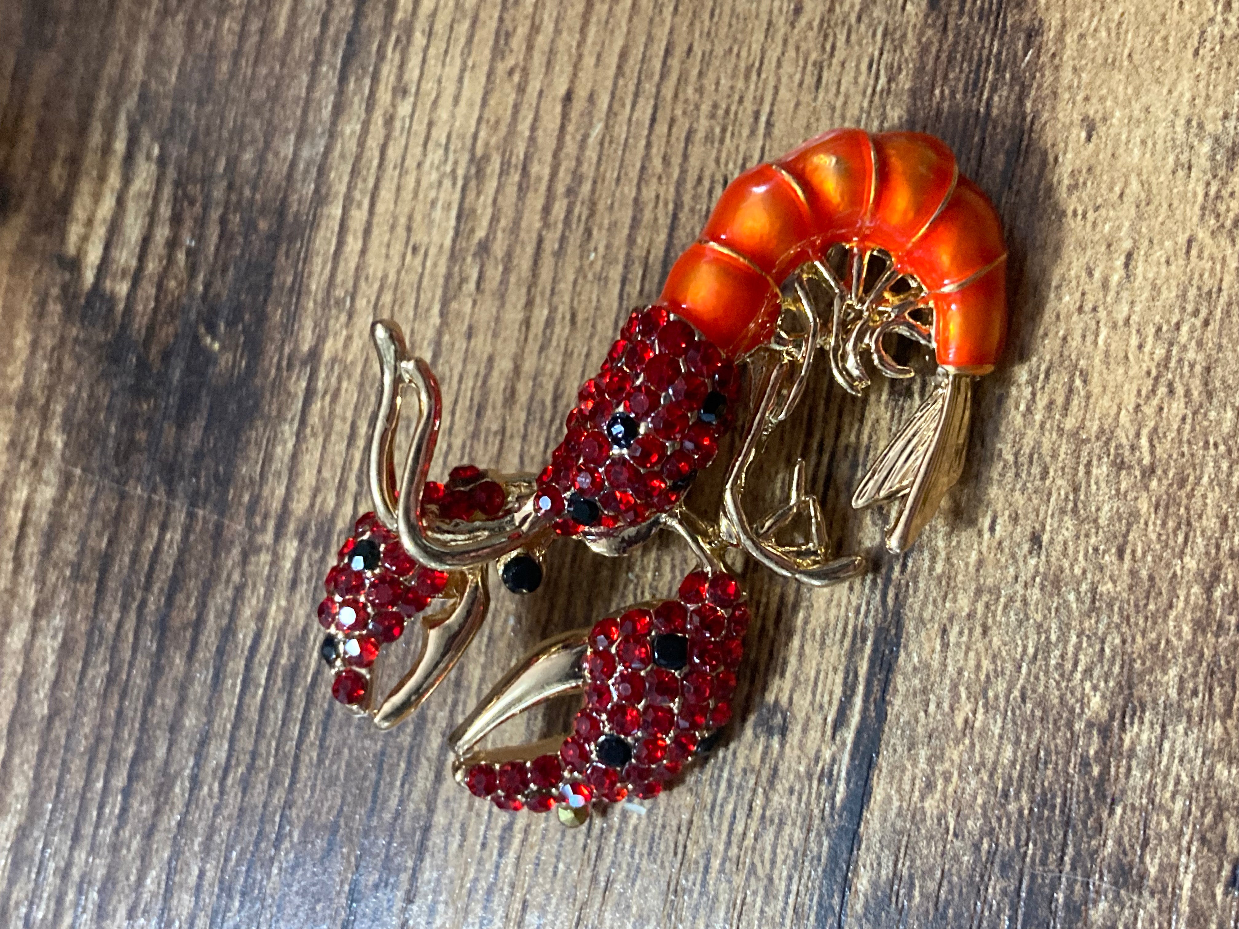 Lobster brooch Orange enamel and diamanté