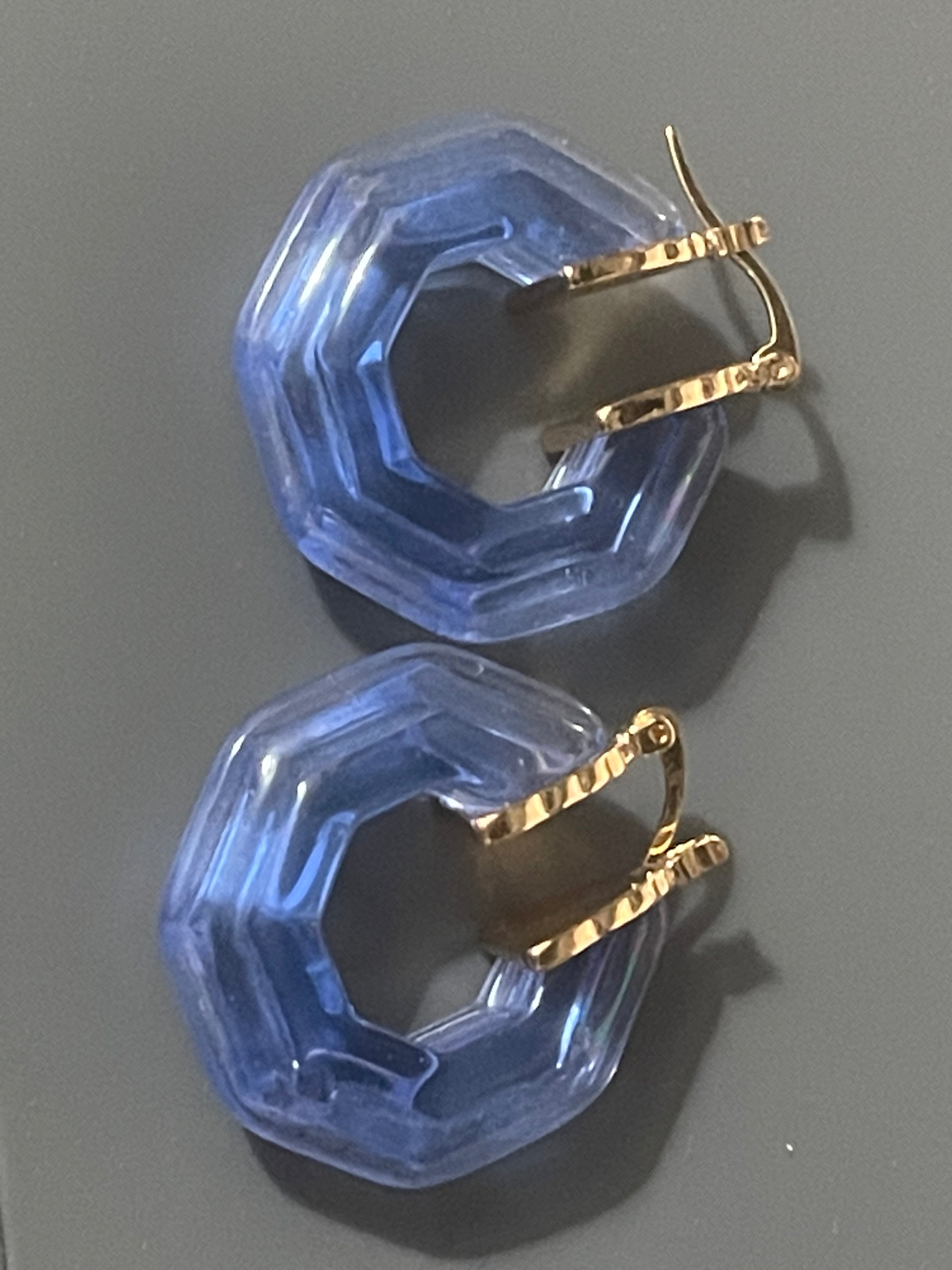 Octagonal blue clear acrylic gold tone hoop earrings