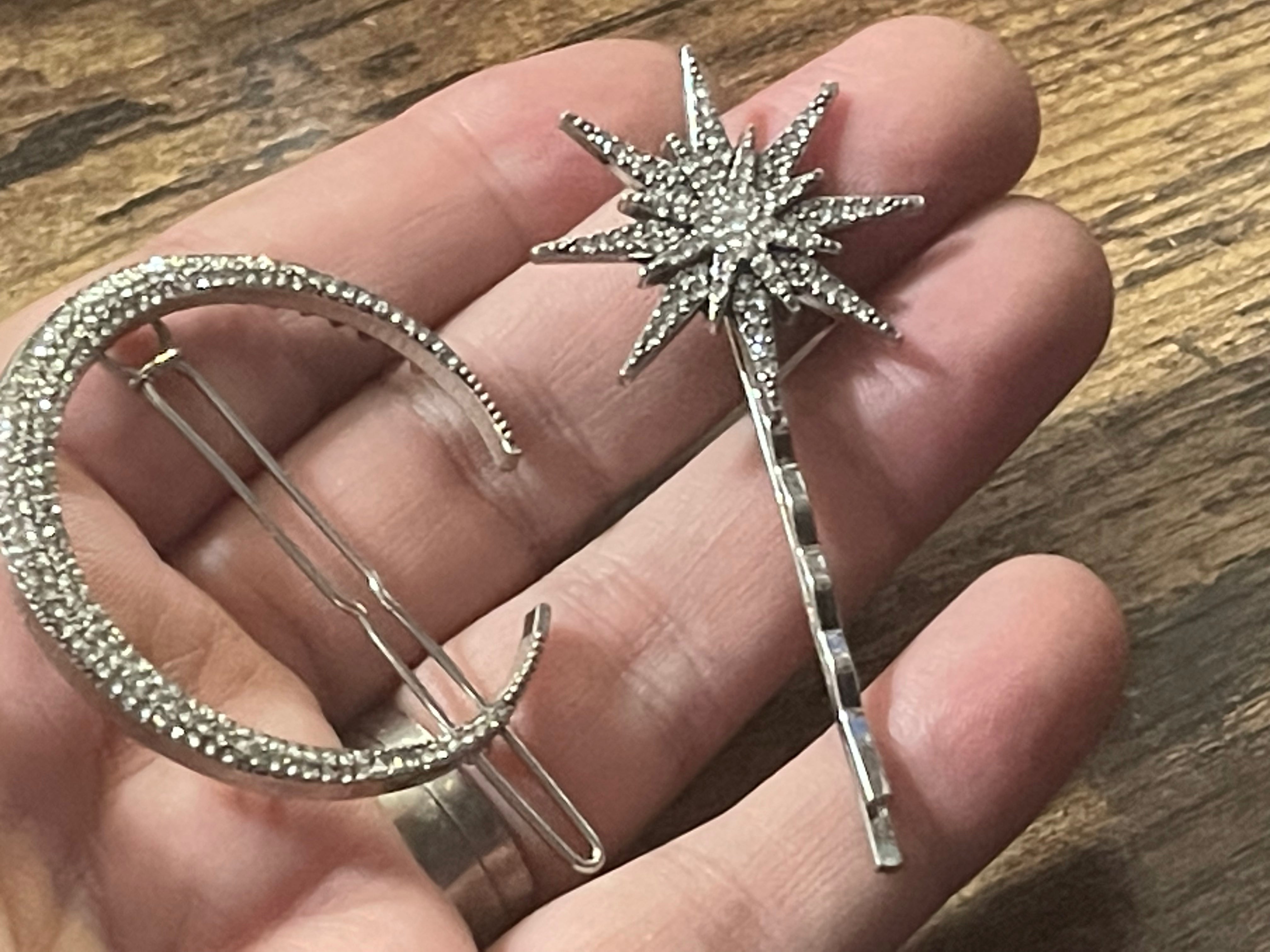 Star and moon silver diamanté celestial hair clips