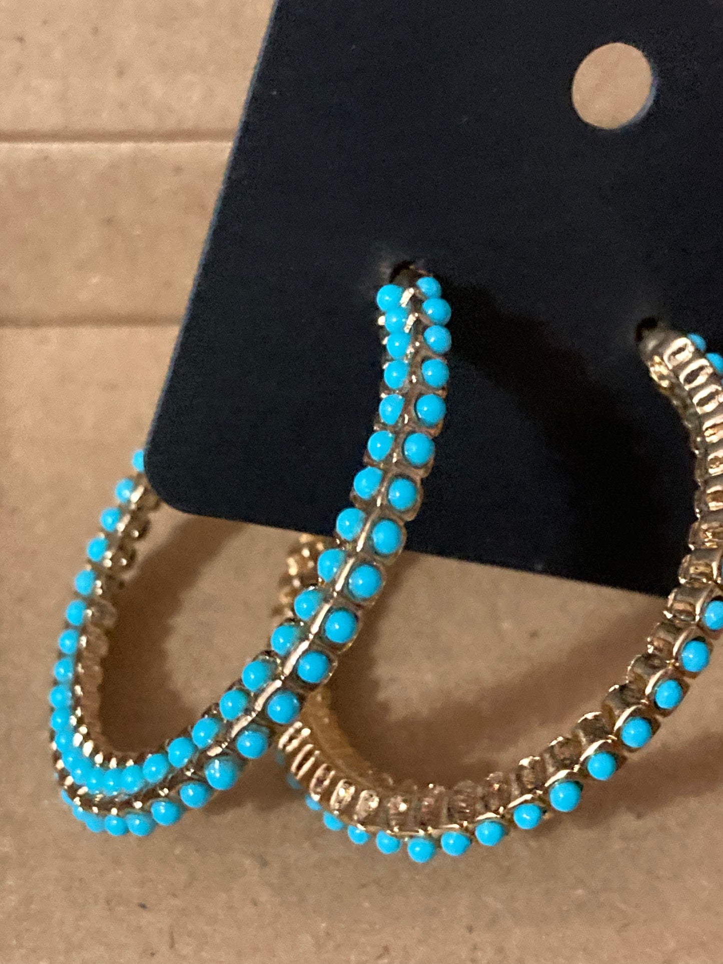 Large turquoise beaded gold hoop earrings