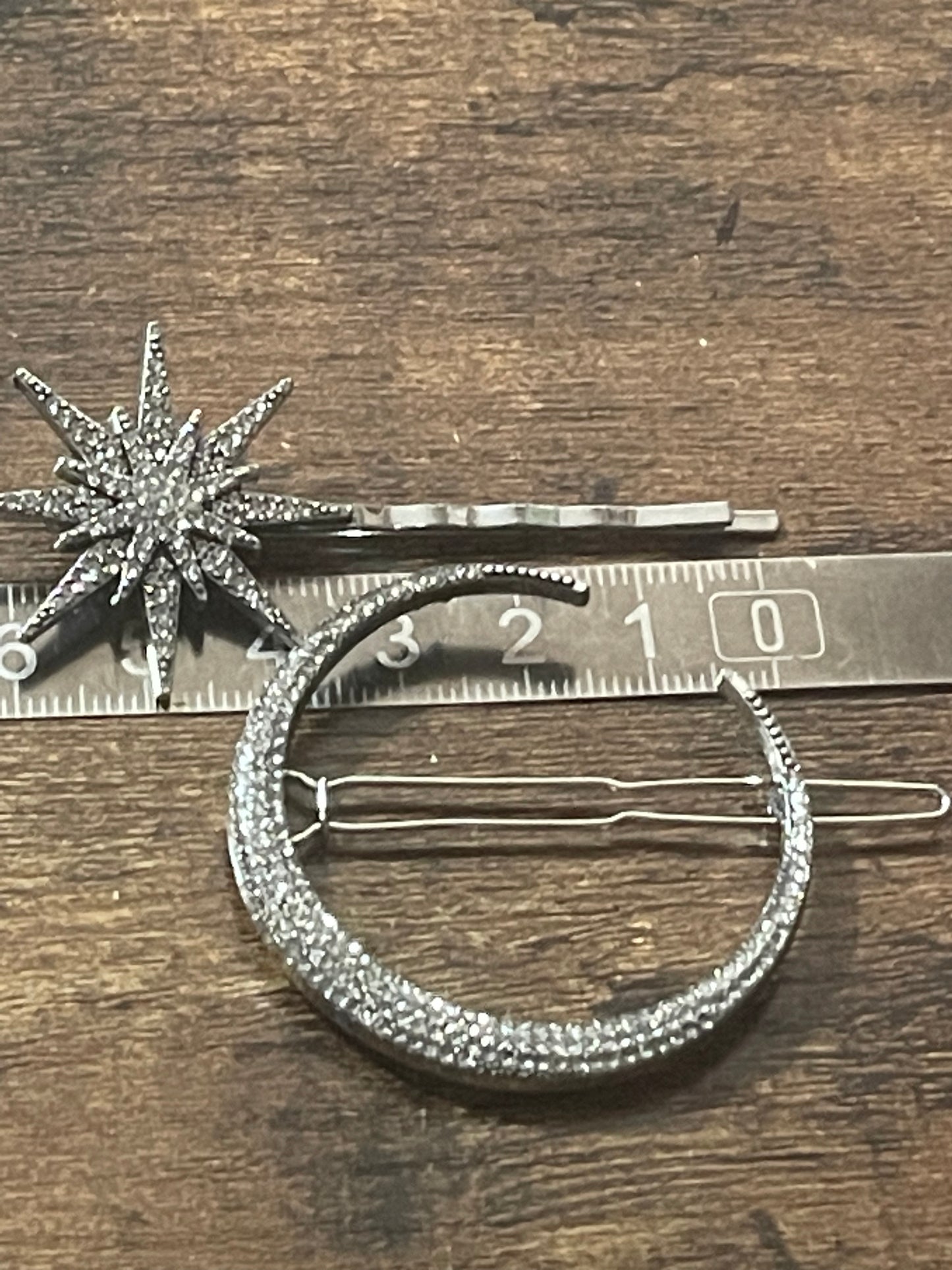 Star and moon silver diamanté celestial hair clips